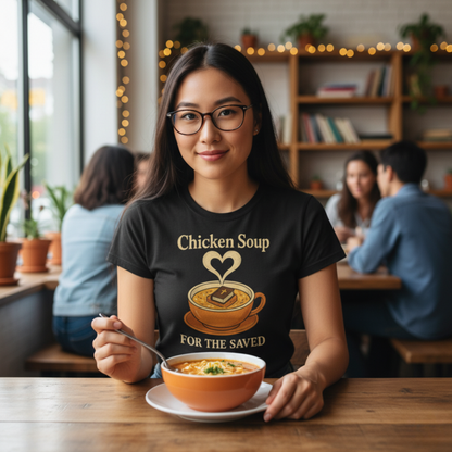 "Chicken Soup for the Saved" . Unisex Jersey Short Sleeve Tee - Casual Christian Graphic Shirt for Positive Vibes
