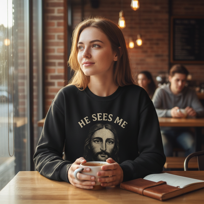 “He Sees Me” Crewneck Religious Sweatshirt – Cozy Reminder of God’s Watchful Eye