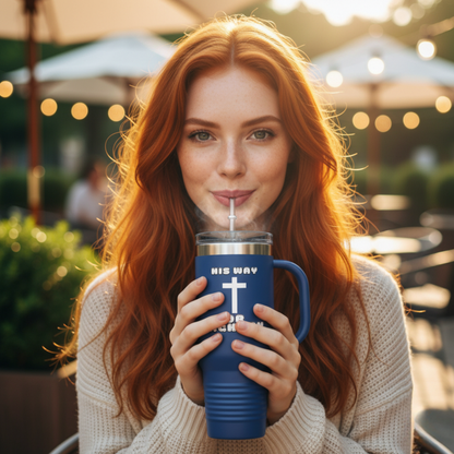 Insulated Travel Mug - "His Way or Highway" 40oz Christian Drinkware for Adventurers, colors