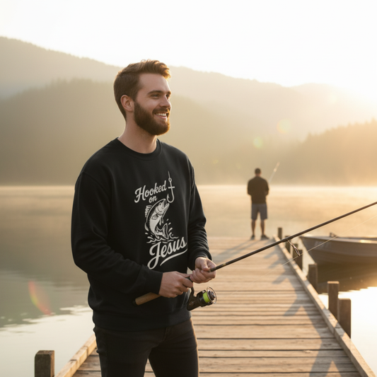 “Hooked on Jesus” Crewneck Sweatshirt – Cozy Religious Apparel with a Fun Twist
