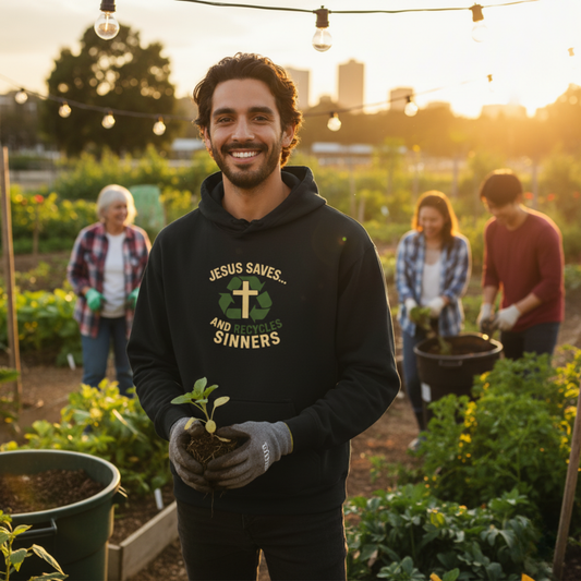 “Jesus Saves… and Recycles Sinners” Religious Hoodie – Unisex Pullover with a Fun Twist