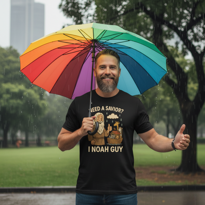 "Need a Savior? I Noah Guy." . Unisex Jersey Short Sleeve Tee - Casual Christian Graphic Shirt for Positive Vibes