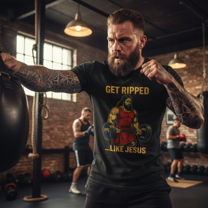 “Get Ripped Like Jesus” Religious Fitness T-Shirt – Faith & Strength Combined