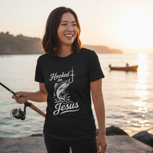 “Hooked on Jesus” Religious T-Shirt – Faith-Inspired Fun for Believers