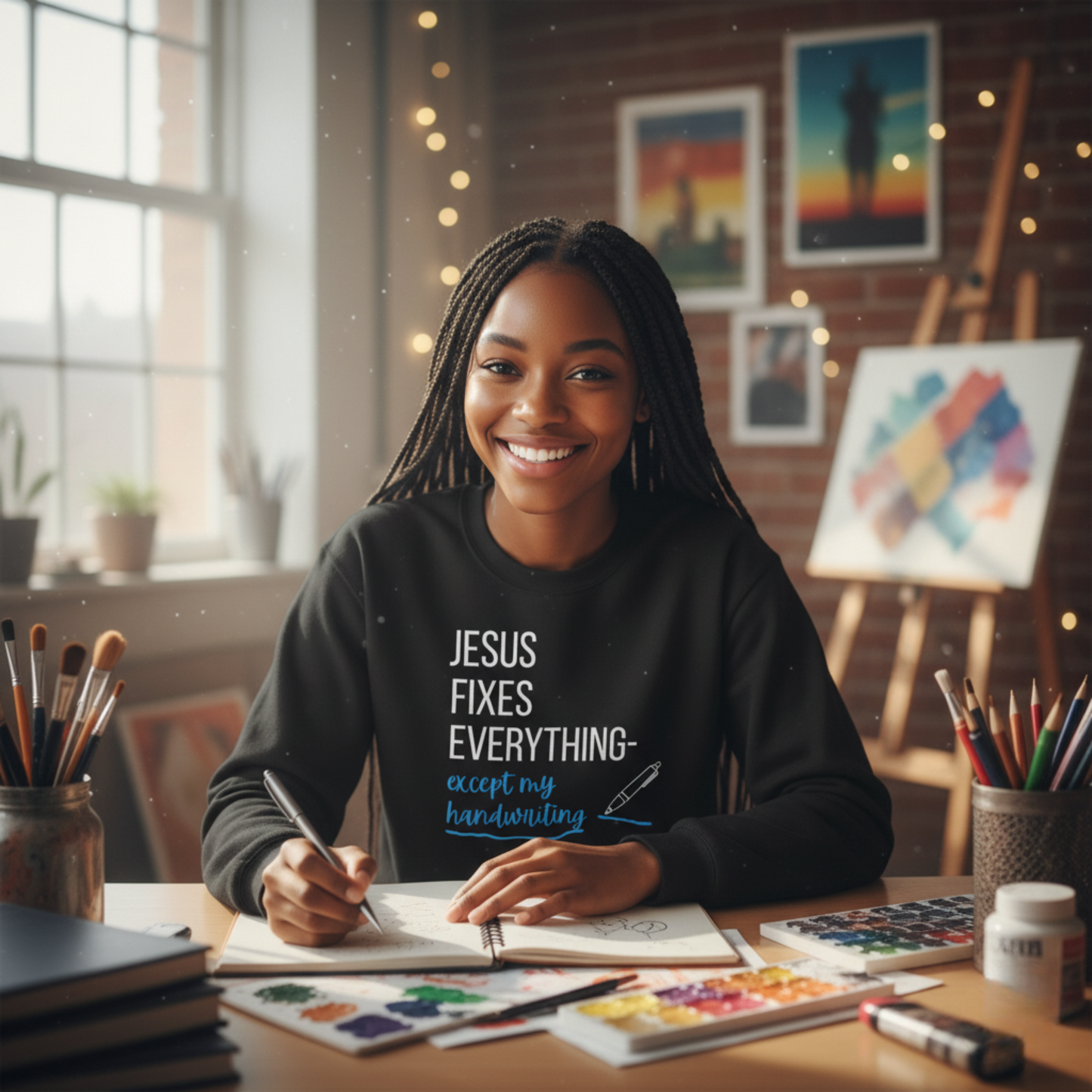 “Jesus Fixes Everything—Except My Handwriting” Religious Crewneck Sweatshirt – Fun & Faithful Style