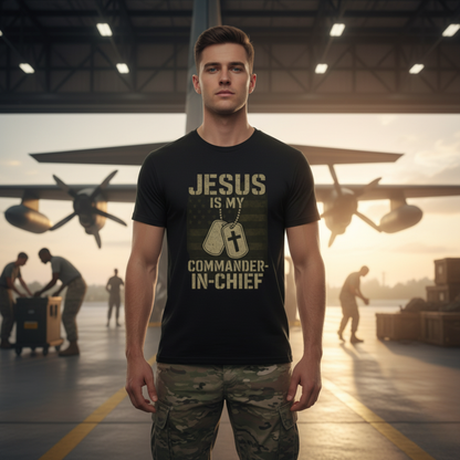 “Jesus Is My Commander-in-Chief” Christian T-Shirt – Bold Faith & Patriot-Inspired Design