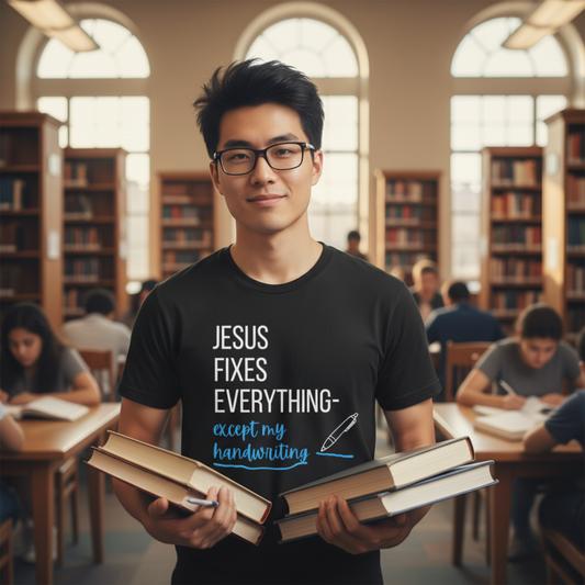 "Jesus fixes everything—except my handwriting" Christian T-Shirt - Casual Graphic Shirt for Positive Vibes