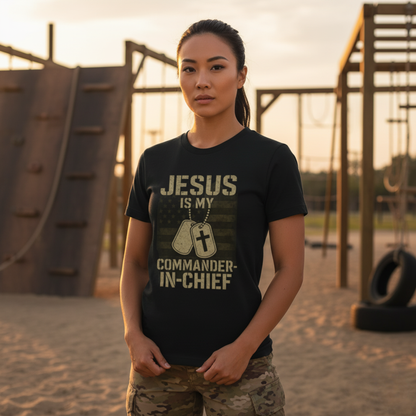 “Jesus Is My Commander-in-Chief” Christian T-Shirt – Bold Faith & Patriot-Inspired Design