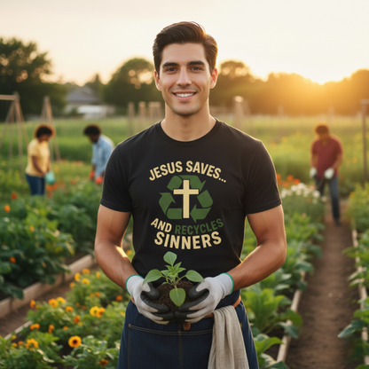 “Jesus Saves… and Recycles Sinners” Religious T-Shirt – Witty Faith Statement