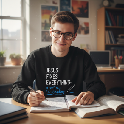 “Jesus Fixes Everything—Except My Handwriting” Religious Crewneck Sweatshirt – Fun & Faithful Style