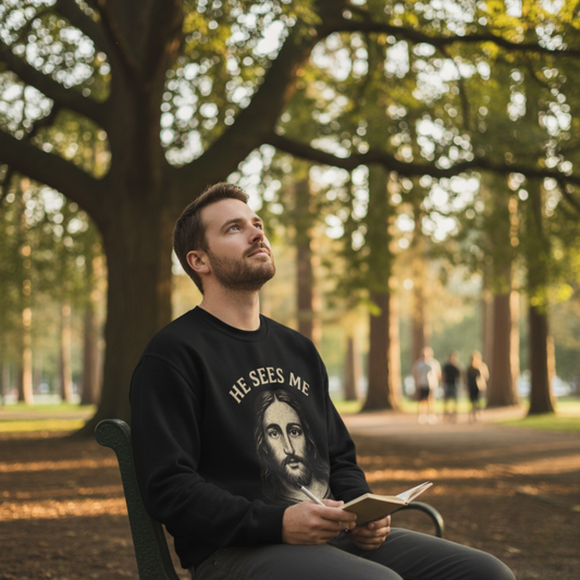 “He Sees Me” Crewneck Religious Sweatshirt – Cozy Reminder of God’s Watchful Eye