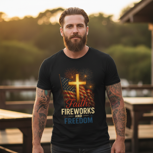 “Faith, Fireworks, and Freedom” Christian T-Shirt – Patriotic Summer Style for Believers