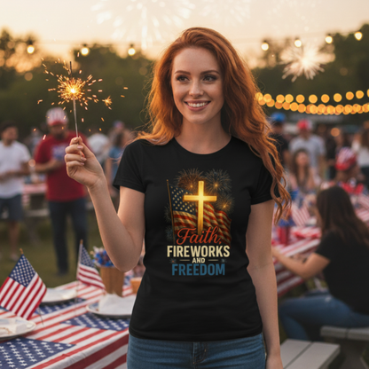 “Faith, Fireworks, and Freedom” Christian T-Shirt – Patriotic Summer Style for Believers