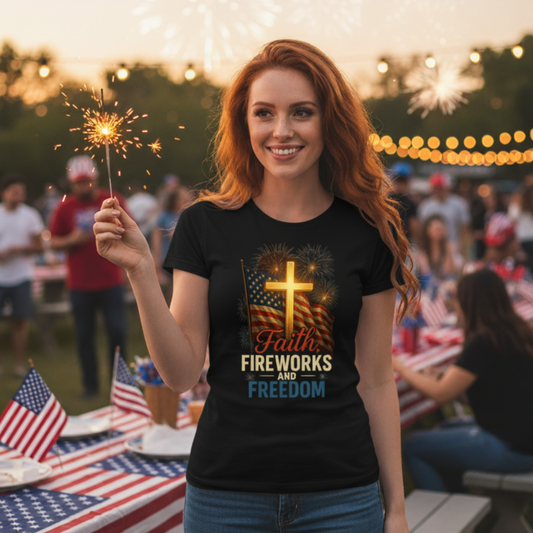 “Faith, Fireworks, and Freedom” Christian T-Shirt – Patriotic Summer Style for Believers