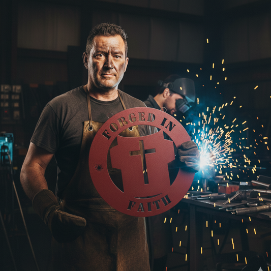 Christian Welder Gift | Forged in Faith Metal Sign | Welding Helmet Wall Art